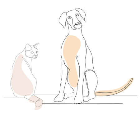 cat and dog drawing in one continuous line, sketch, vectorのイラスト素材