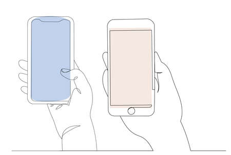 hands with phones one continuous line drawing, sketch, vector