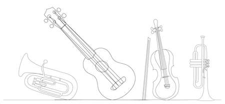 musical instruments one continuous line drawing, isolated, vectorのイラスト素材