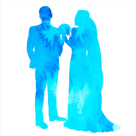 bride and groom watercolor silhouette on white backgroundのイラスト素材