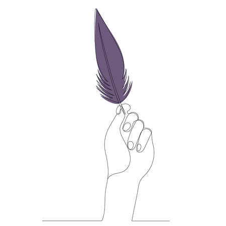 hand with bird feather drawing in one continuous line, isolated, vectorのイラスト素材