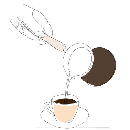 hand pouring coffee drawing in one continuous line, isolated, vectorのイラスト素材