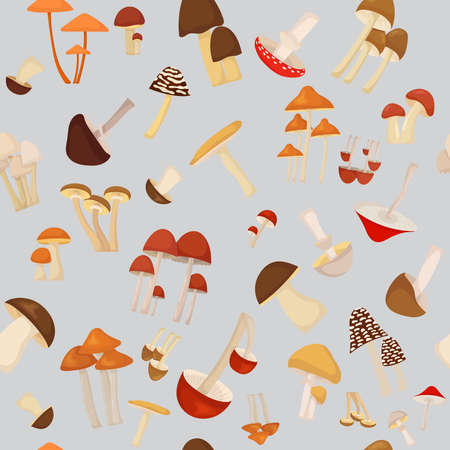 seamless pattern different mushrooms on gray background , vectorのイラスト素材