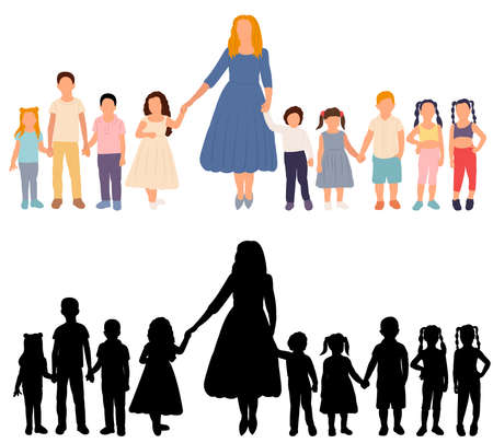 children and mom, caregiver in flat design isolated, vectorのイラスト素材