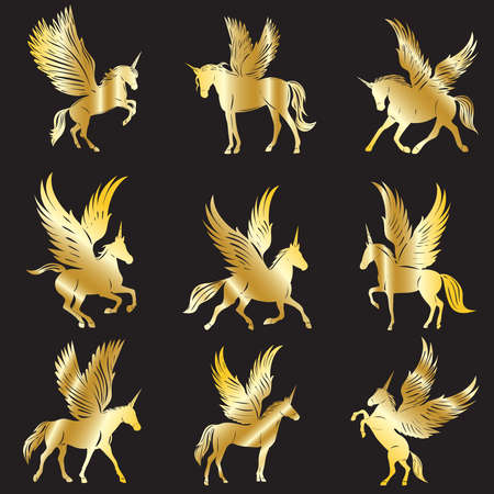 pegasus with wings, golden silhouette set, isolated, vectorのイラスト素材