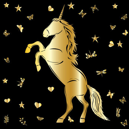 silhouette unicorn golden on black background isolated, vectorのイラスト素材