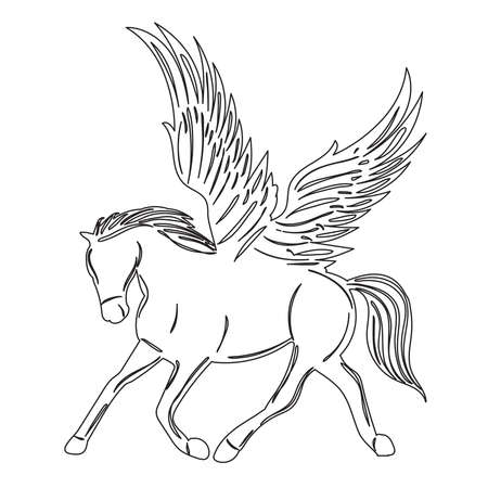 pegasus with wings outline sketch on white background isolated, vectorのイラスト素材