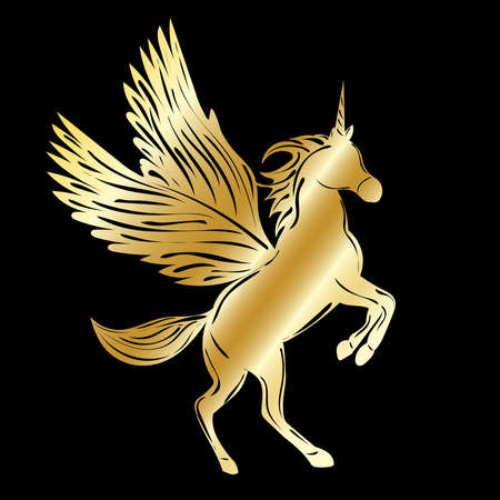 silhouette of a golden unicorn with wings on a black background isolatedのイラスト素材