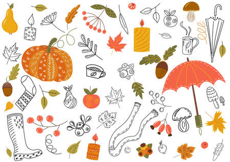 set of doodle autumn items in flat style isolatedのイラスト素材