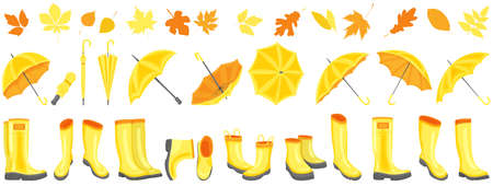 set of yellow umbrellas and boots in flat style isolated, vectorのイラスト素材
