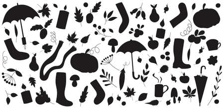 set of autumn icons, objects silhouette isolated, vectorのイラスト素材