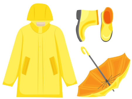 jacket, umbrella and boots yellow in flat style, isolated vectorのイラスト素材