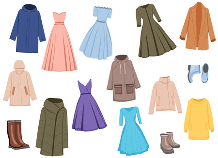 clothes, coats, dresses set in flat style, collection isolated vectorのイラスト素材