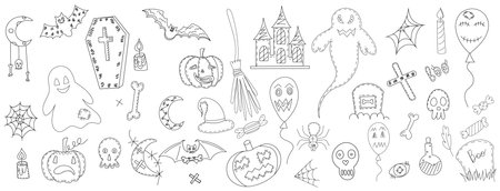 set for halloween doodle sketch, outline vector, isolatedのイラスト素材