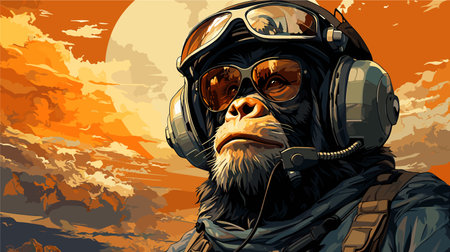 Vector illustration of a monkey wearing a helmet and headphones on the background of the sun.