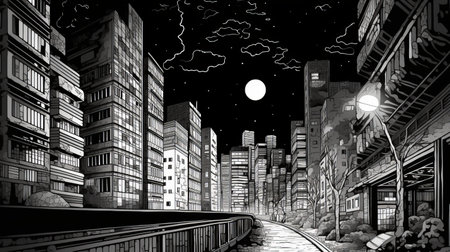 City at night with full moon in the sky. digital illustration.の素材