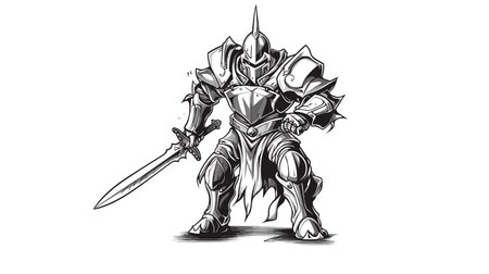 Knight with a sword in his hand. Black and white vector illustration.のイラスト素材