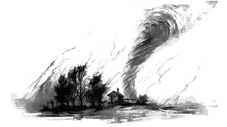 A view of a tornado destroying a house, vintage line drawing or engraving illustration.