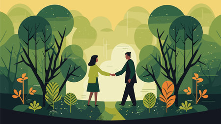 Businessman and businesswoman shaking hands in the park vector illustration.のイラスト素材