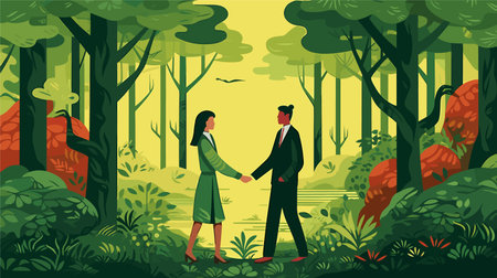 Couple in love walking in the forest. Vector illustration in flat styleのイラスト素材
