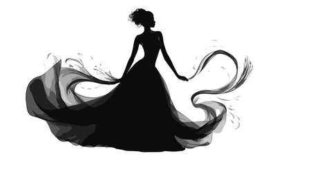 Silhouette of a beautiful woman in a long black dress.のイラスト素材