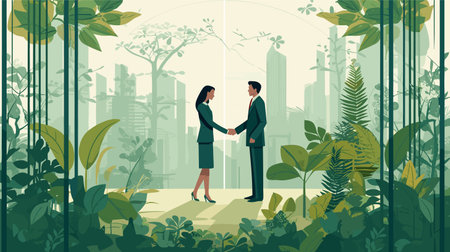 Businessman and businesswoman shaking hands in the park. vector illustrationのイラスト素材