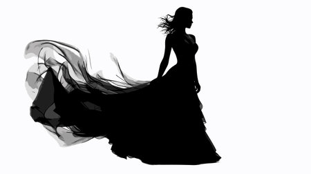 silhouette of a girl in a long dress on a white backgroundのイラスト素材
