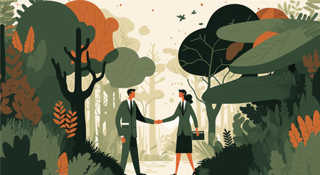 Businessman and businesswoman shaking hands in the park. vector illustrationのイラスト素材