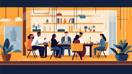 People in cafe. Men and women sitting at table and drinking coffee. Flat vector illustration.のイラスト素材