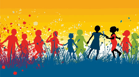 Children silhouettes in a meadow with splashes of paint.のイラスト素材