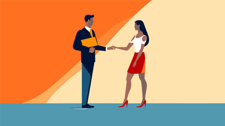 Businesswoman and businessman shaking hands. business concept. vector flat illustrationのイラスト素材