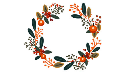 Christmas wreath with red berries and green leaves. vector illustration.のイラスト素材
