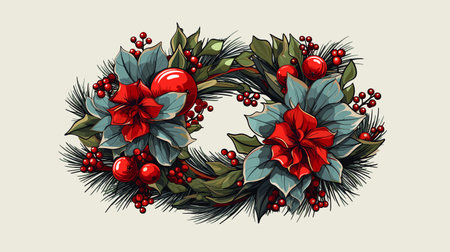 Christmas wreath with holly berries and poinsettia. vector illustration.のイラスト素材