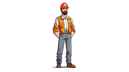 Construction worker in hardhat and overalls. Vector illustration in cartoon style.