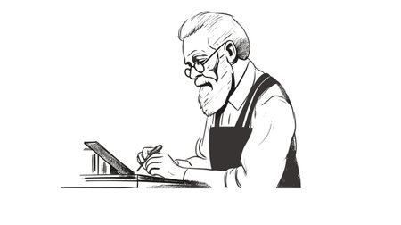 Old man working at the computer. Vector illustration in sketch style.のイラスト素材