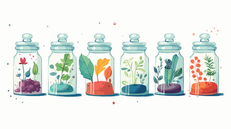 Set of glass jars with different plants and seeds. vector illustration.のイラスト素材
