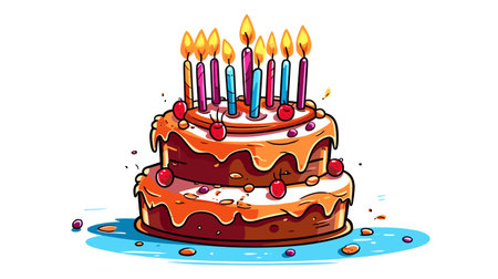 Birthday cake with burning candles isolated on white background. vector illustration.