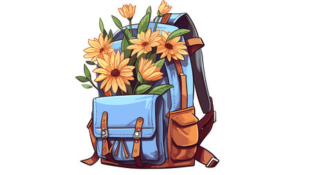 Vector illustration of a blue backpack with a bouquet of flowers.のイラスト素材