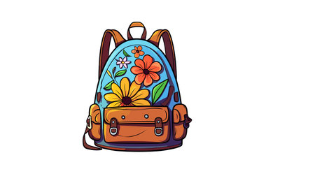 Backpack with flowers and leaves. Vector illustration in doodle styleのイラスト素材