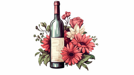 Wine bottle and bunch of flowers. Vector illustration on white background.のイラスト素材