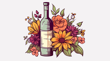 Illustration of a bottle of wine with flowers. vector illustration.のイラスト素材