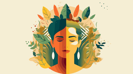 Vector illustration of woman face with abstract floral background. flat style.のイラスト素材