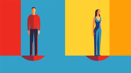 man and woman avatar character in blue and yellow background design vector illustrationのイラスト素材