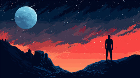 Man standing on the edge of a cliff and looking at the moonのイラスト素材