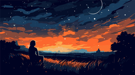Girl sitting on the grass and watching the moon at night. vector illustrationのイラスト素材