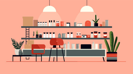 cosmetics shop interior. Vector illustration in flat style. beauty salon concept.のイラスト素材