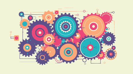 Colorful gears and cogs abstract background. Cogwheel concept. vector illustrationのイラスト素材