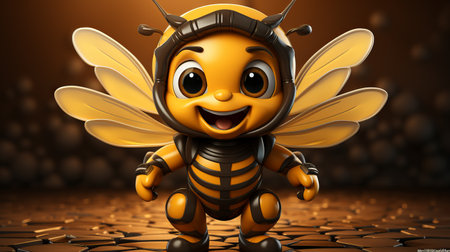 Bee cartoon character in 3d illustration, yellow bee with black backgroundの素材
