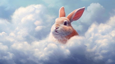 Easter bunny in the clouds. 3D rendering. Easter backgroundの素材