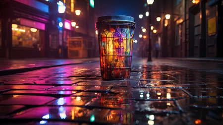 Coffee cup on the street at night. Shallow depth of fieldの素材